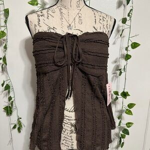 Strapless Brown Textured Babydoll Flyaway Tie-Front Top